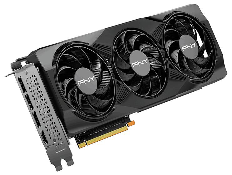 Schwarze Grafikkarte mit drei Lüftern und PNY-Logo. Seitlich sind drei DisplayPorts und ein HDMI-Anschluss sichtbar.