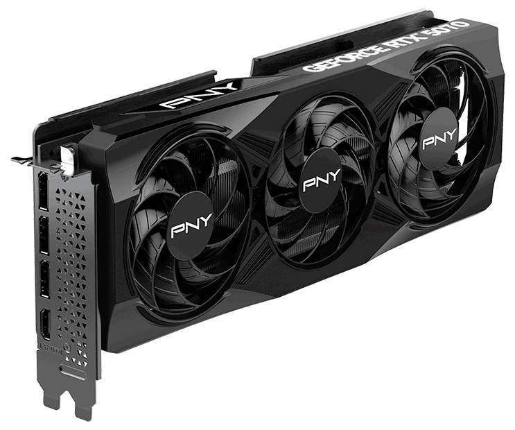 Grafikkarte PNY GeForce RTX 3070 mit drei Lüftern, schwarzem Design und verschiedenen Anschlussmöglichkeiten auf der Rückseite.
