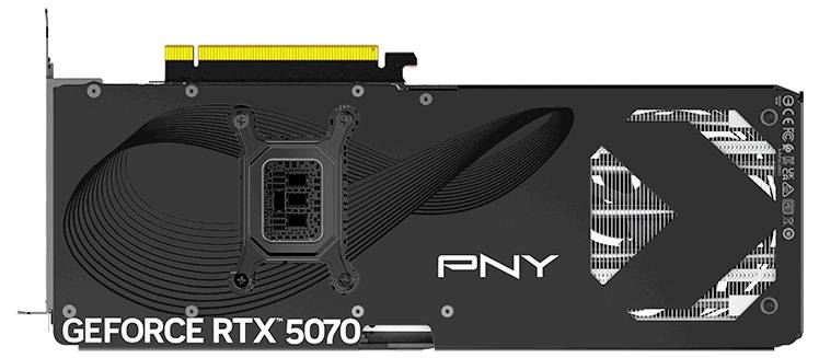 Grafikkarte PNY GeForce RTX 5070, schwarze Oberfläche mit abstraktem Design, sichtbare Anschlussstelle oben, seitlich Markenlogo.