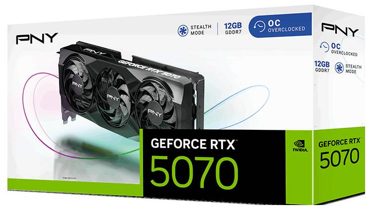 Grafikkarte PNY GeForce RTX 5070, 12 GB GDDR7, Stealth Mode, OC Overclocked. Verpackung zeigt ein Bild der Karte mit drei Lüftern.