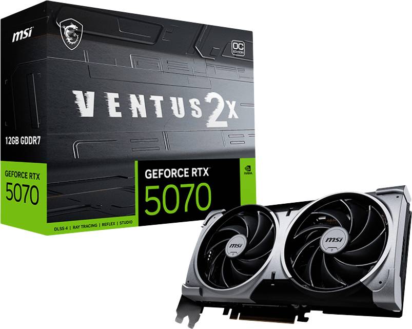 Grafikkarte MSI GeForce RTX 5070 Ventus 2X, 12GB GDDR7, wird vor ihrer Verpackung gezeigt. Enthält Funktionen wie DLSS 4.