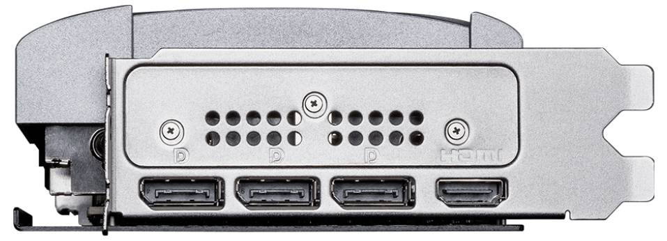 Rückseite einer Grafikkarte mit drei DisplayPort-Anschlüssen und einem HDMI-Anschluss, gezeigt von hinten.