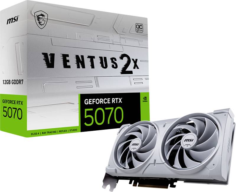 Grafikkarten-Verpackung und Karte der 'MSI GeForce RTX 5070 Ventus 2X', hervorgehobene Merkmale: 12GB GDDR7, DLSS 4, Ray Tracing.