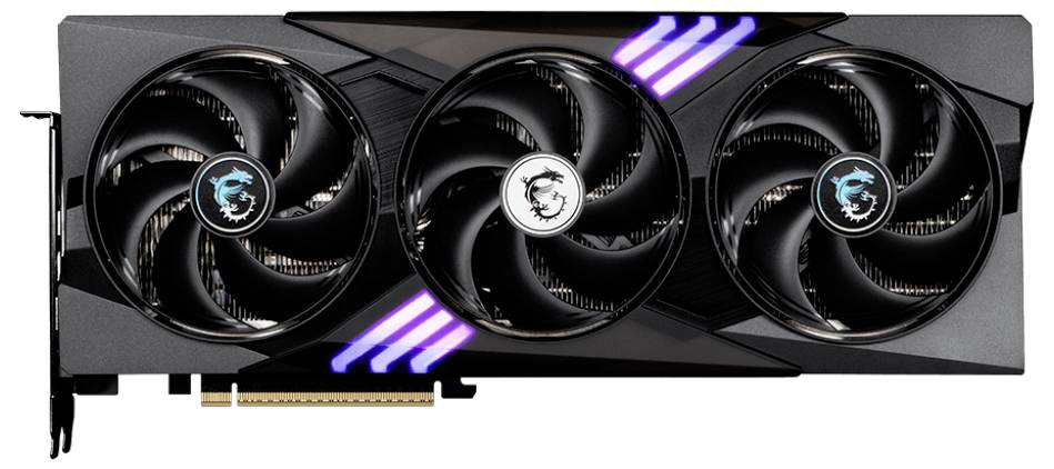 Eine schwarze Grafikkarte mit drei Lüftern und dekorativen lila LED-Streifen, geeignet für leistungsstarke Computeranwendungen.