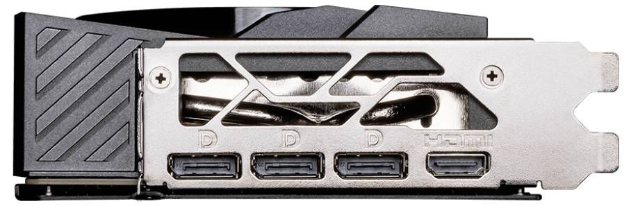 Rückansicht einer Grafikkarte mit vier DisplayPorts. Hauptsächlich in Schwarz und Metallfarben gestaltet.