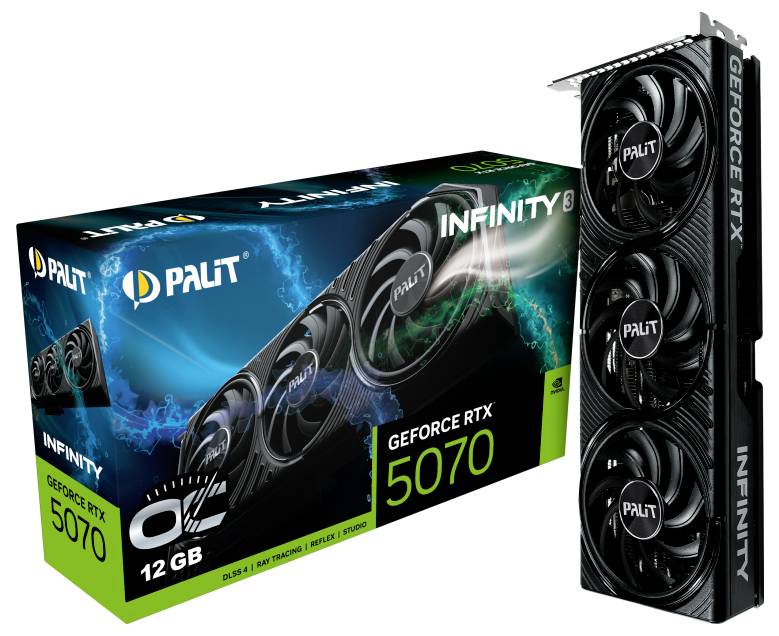 Schwarze Grafikkarte 'Palit GeForce RTX 5070' mit 12 GB, drei Lüftern und Verpackung links.