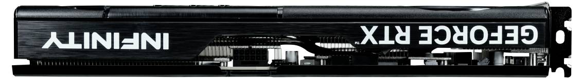 Eine Computer-Grafikkarte mit der Aufschrift 'INFINITY GEFORCE RTX' auf der Seite, zeigt die Kühlrippen und Anschlüsse auf der Oberseite.