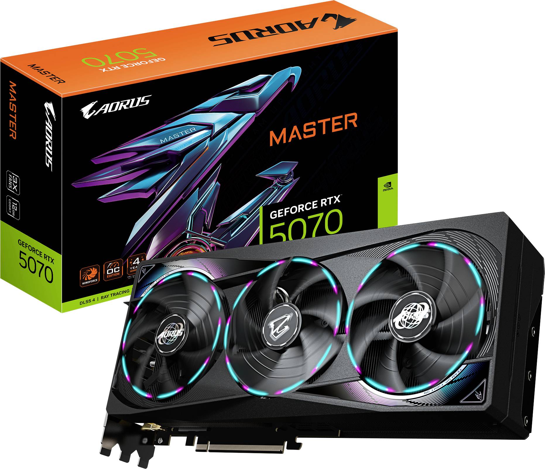 'Grafikkarte Gigabyte AORUS RTX 5070 Master' mit drei Lüftern, RGB-Beleuchtung, neben original Verpackung mit Logo und Grafiken.
