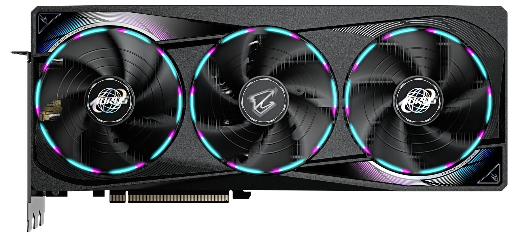 Eine Grafikkarte mit drei großen Lüftern und leuchtenden LED-Ringen, die für leistungsstarkes Gaming oder professionelle Anwendungen geeignet ist.