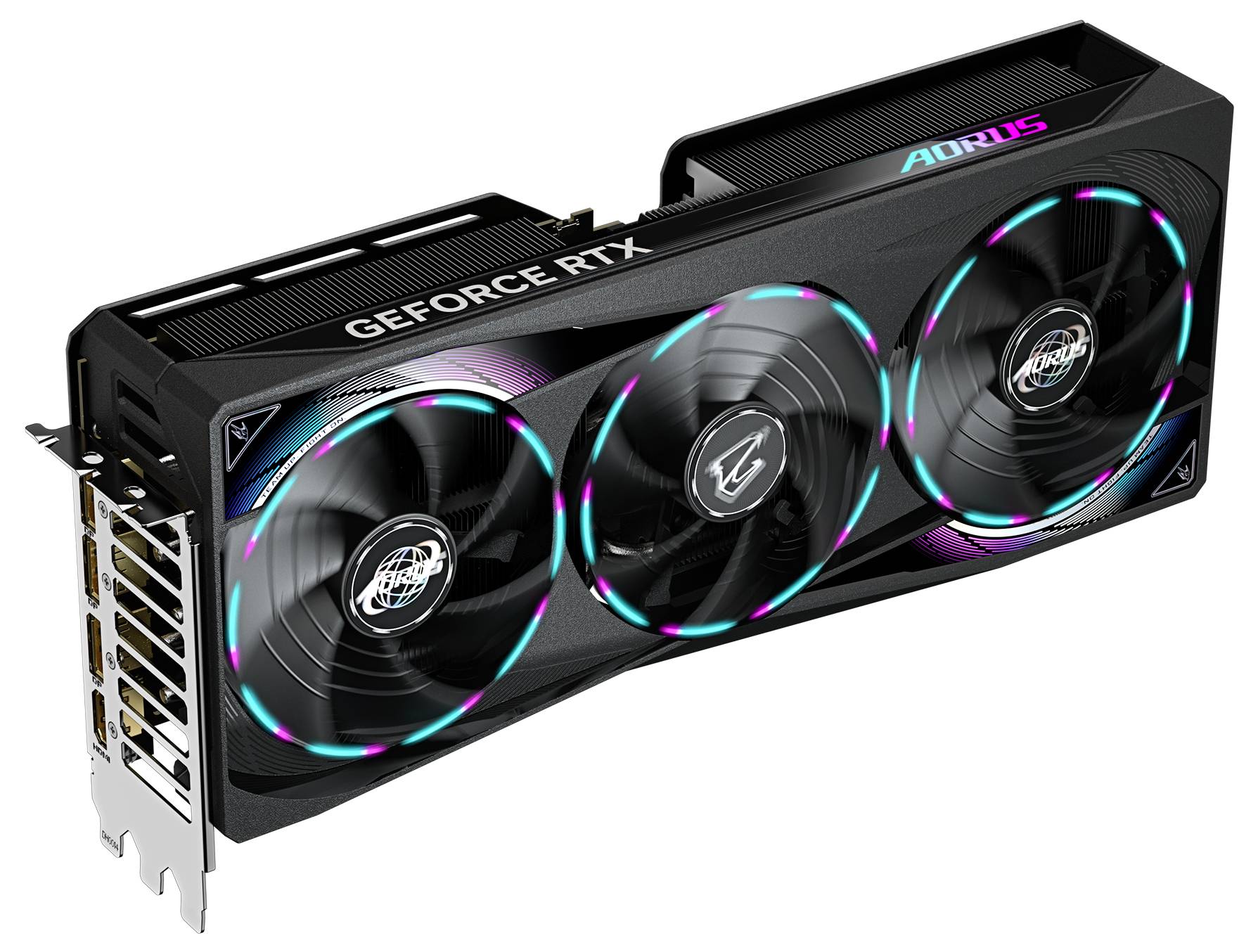 Grafikkarte mit drei Lüftern, LED-Beleuchtung und der Aufschrift 'GEFORCE RTX' sowie 'AORUS'.