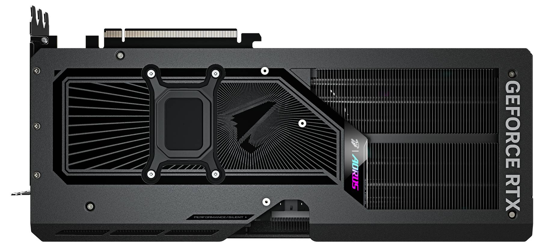 Abbildung einer Grafikkarte gefüllt mit 'GEFORCE RTX' an der Seite. Modernes Design mit Kühlrippen und futuristischem Logo.