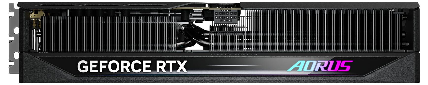 Grafikkarte mit der Aufschrift 'GeForce RTX' und 'Aorus' in leuchtenden Farben, seitliche Ansicht der Lüfter und Kühlrippen sichtbar.