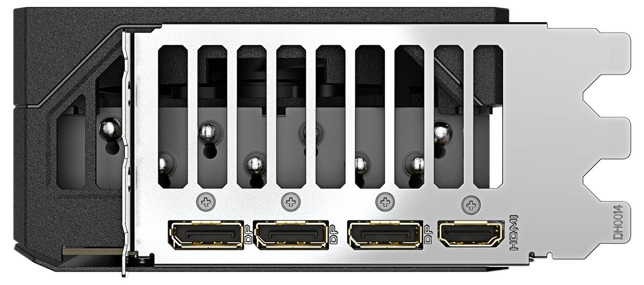 Abbildung einer Grafikkarte mit vier Anschlüssen: drei DisplayPorts und ein HDMI-Ausgang, auf der Rückseite sichtbar montiert.