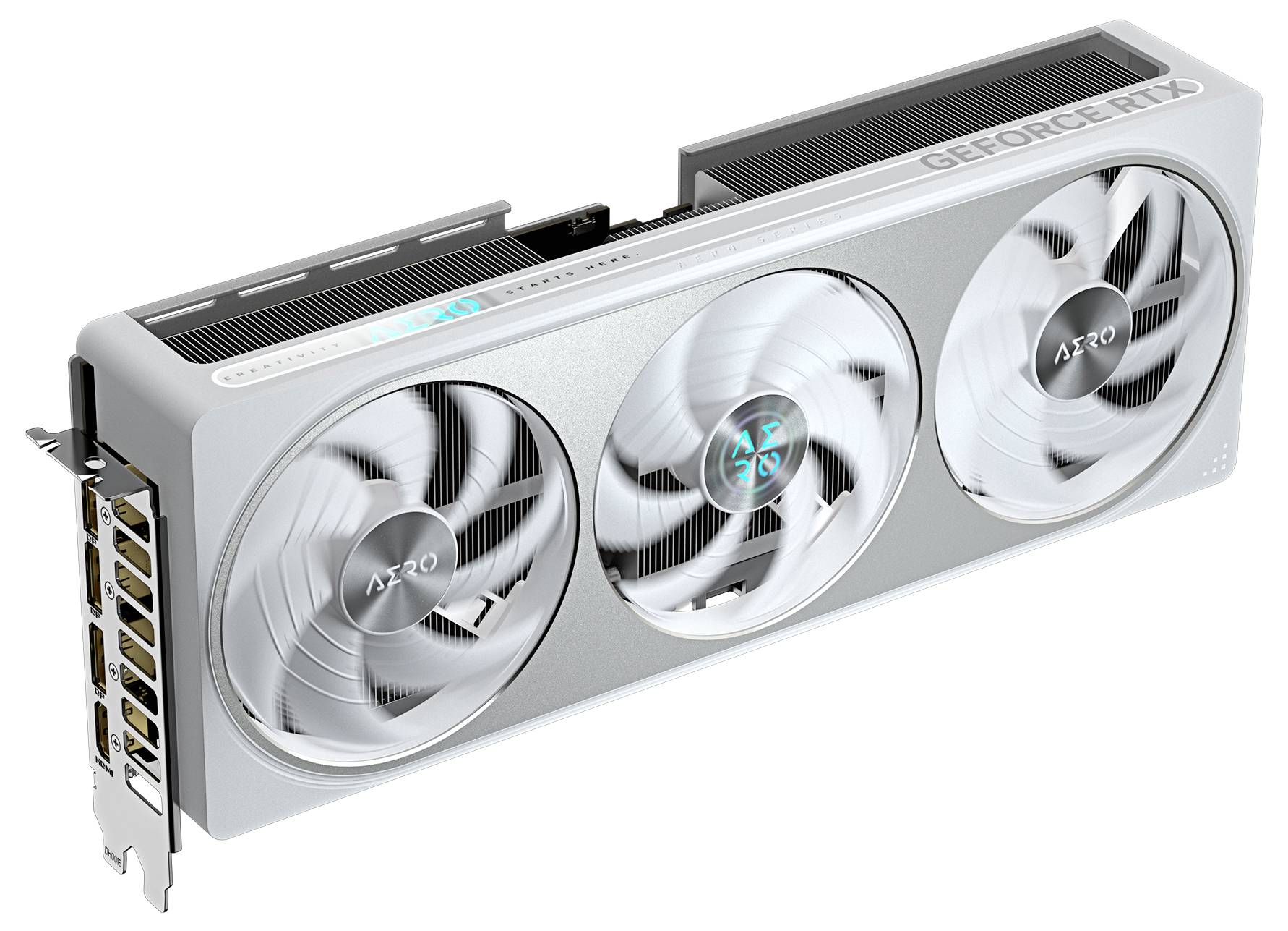 Grafikkarte mit drei Lüftern und Aufschrift 'Aero'; silbernes Gehäuse, seitlich 'GEFORCE RTX'-Beschriftung.