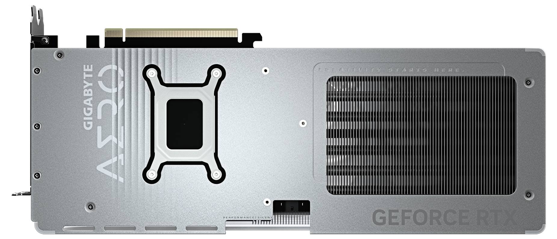 Rückansicht einer Grafikkarte von Gigabyte, Modell GeForce RTX, mit silbernem Kühlkörper und schwarzem Lüfter.