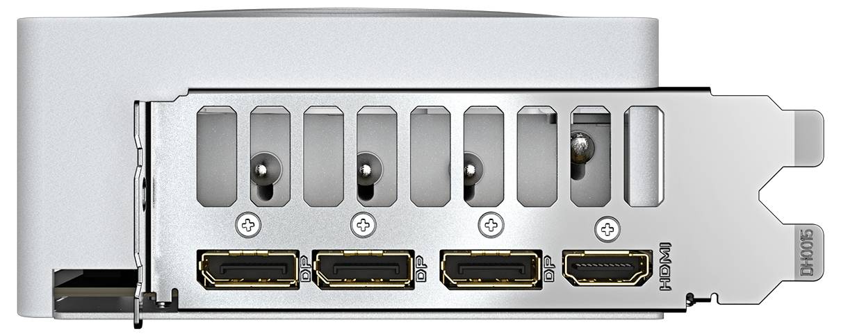 Rückansicht eines Computergehäuses mit vier HDMI-Anschlüssen, sichtbar an einer Metallplatte. Bestimmt für erweiterbare Grafikkarten.