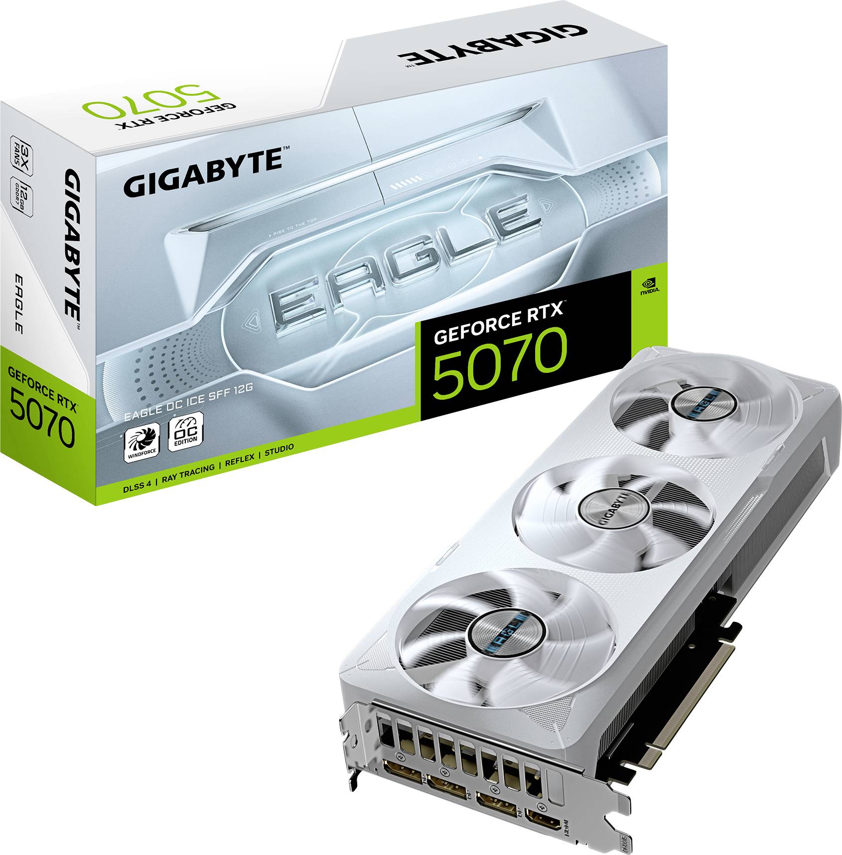 Zu sehen ist eine Gigabyte GeForce RTX 5070 Grafikkarte mit drei Lüftern und ihrer Verpackung. Die Verpackung zeigt den Schriftzug 'Eagle'.