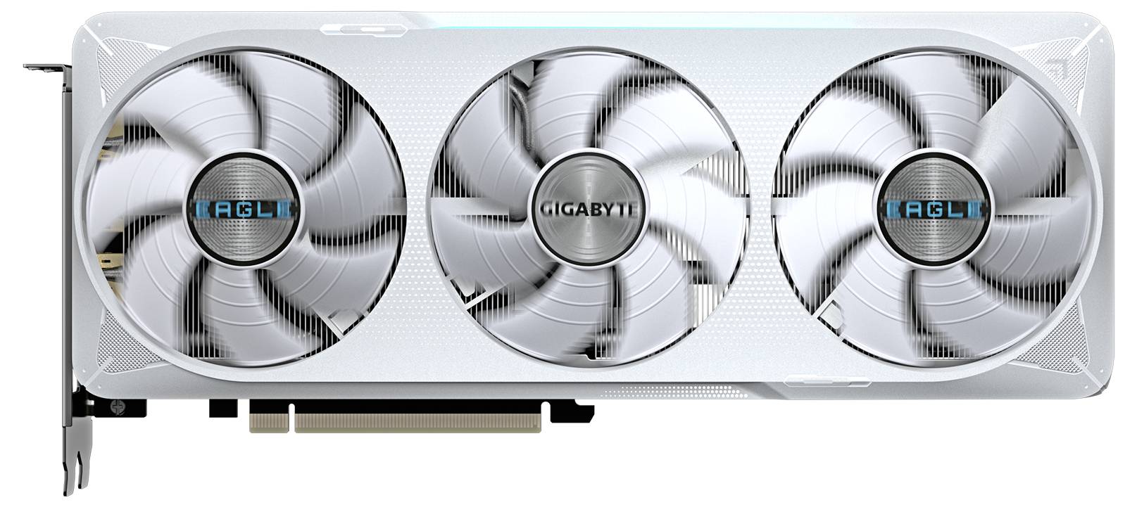 Eine weiße Grafikkarte mit drei großen Lüftern und der Aufschrift 'GIGABYTE'.