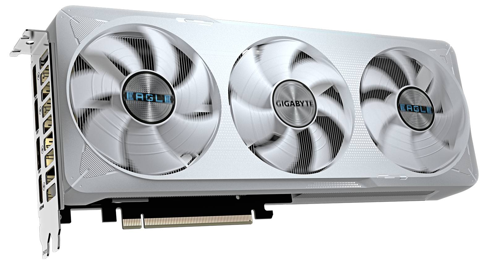 Grafikkarte mit drei Lüftern, silberfarbenes Design, mit der Aufschrift 'GIGABYTE' in der Mitte. Verwendet für Gaming- und Grafikaufgaben.