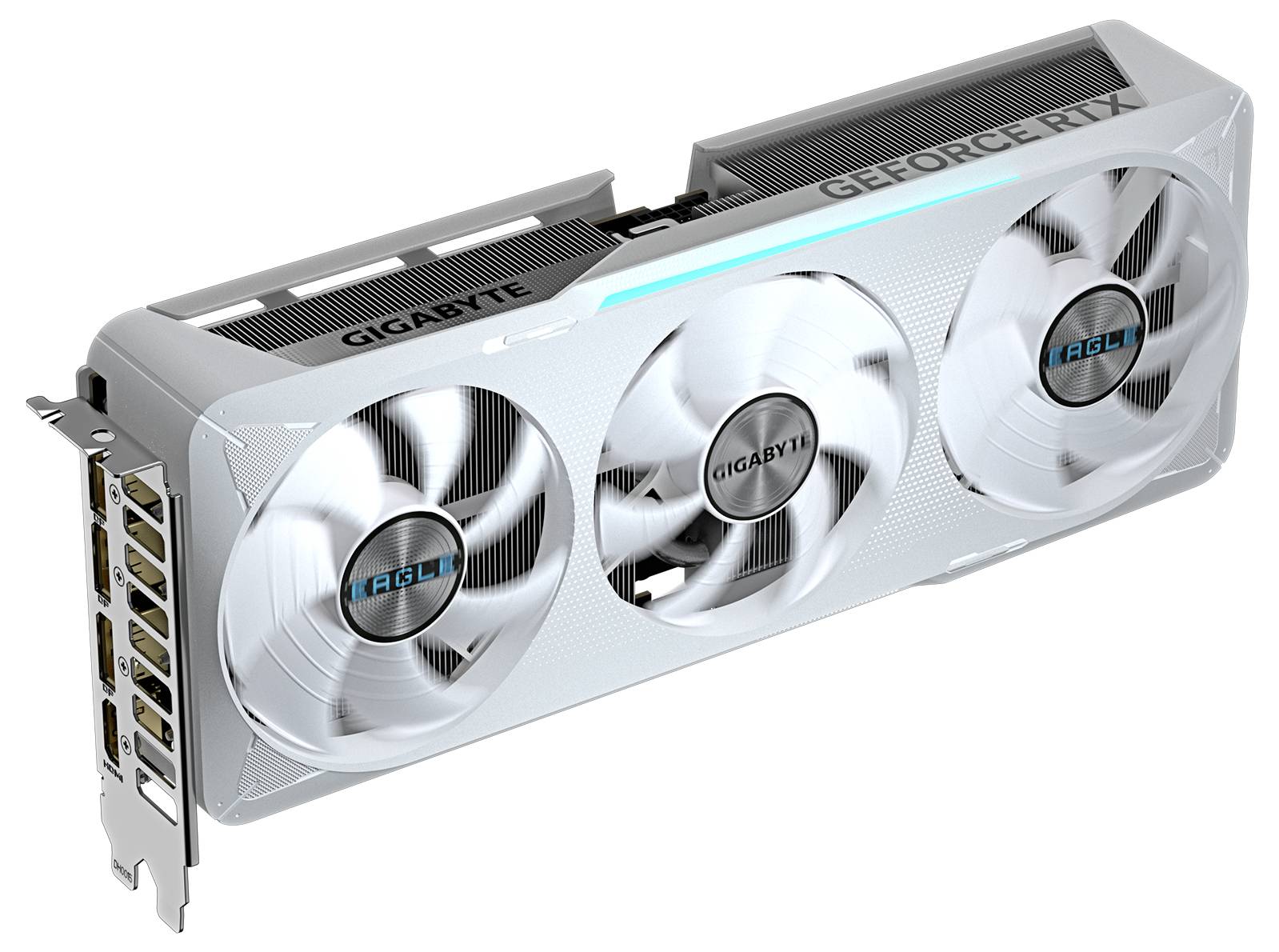 Eine Grafikkarte von GIGABYTE mit drei Lüftern und dem Schriftzug 'GeForce RTX' an der Seite.