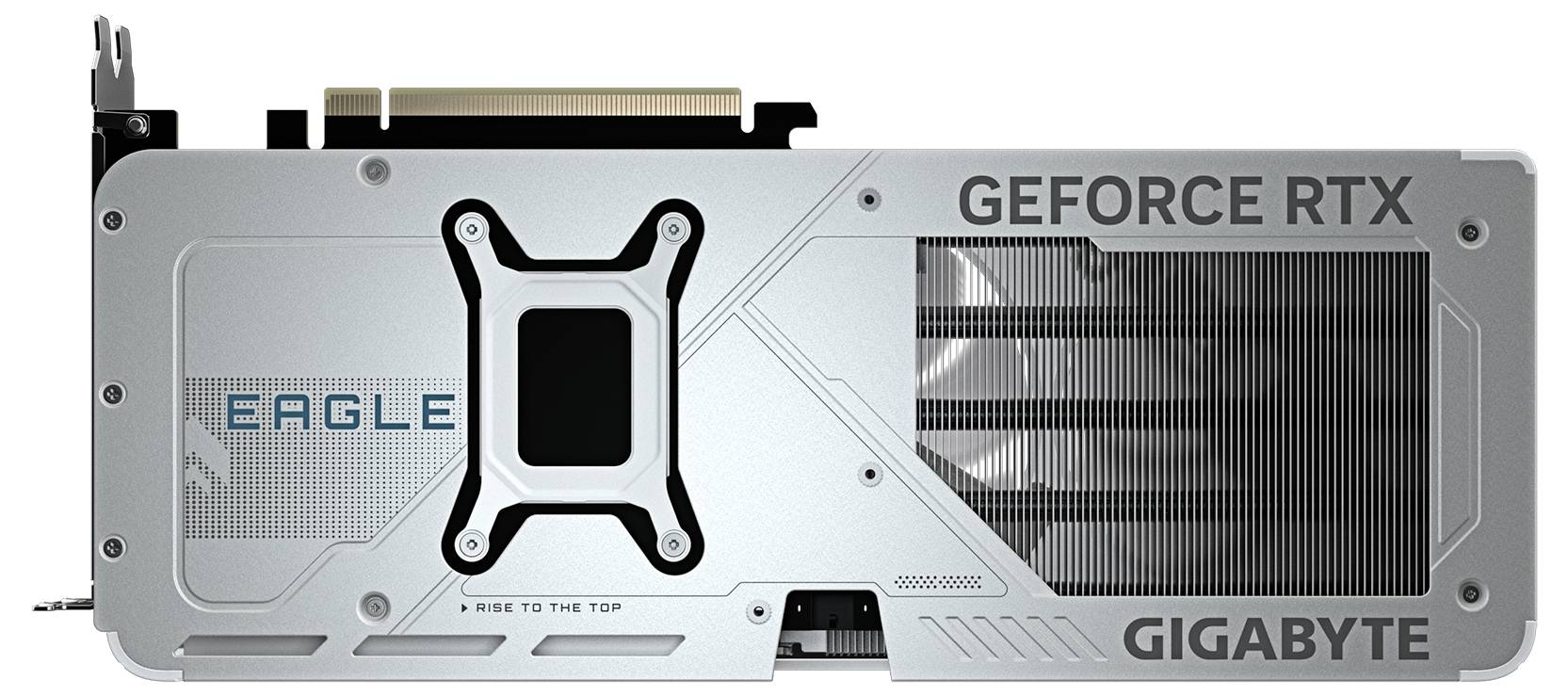 Grafikkarte: Silbernes Design, mit 'Eagle' und 'GEFORCE RTX' Aufschrift. Lüfter und Anschluss sichtbar, Marke GIGABYTE.