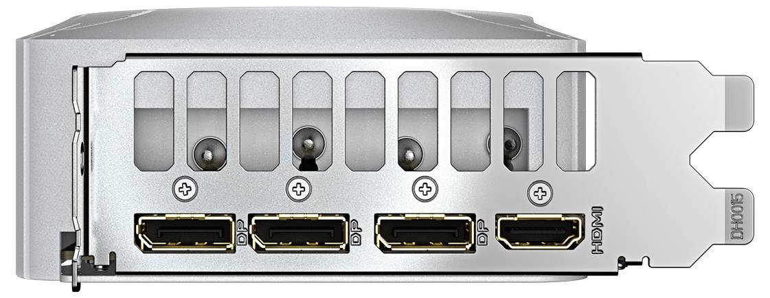 Computer-Rückseite mit vier Anschlussports: drei DisplayPorts und ein HDMI-Port, erkennbar an den Beschriftungen daneben.