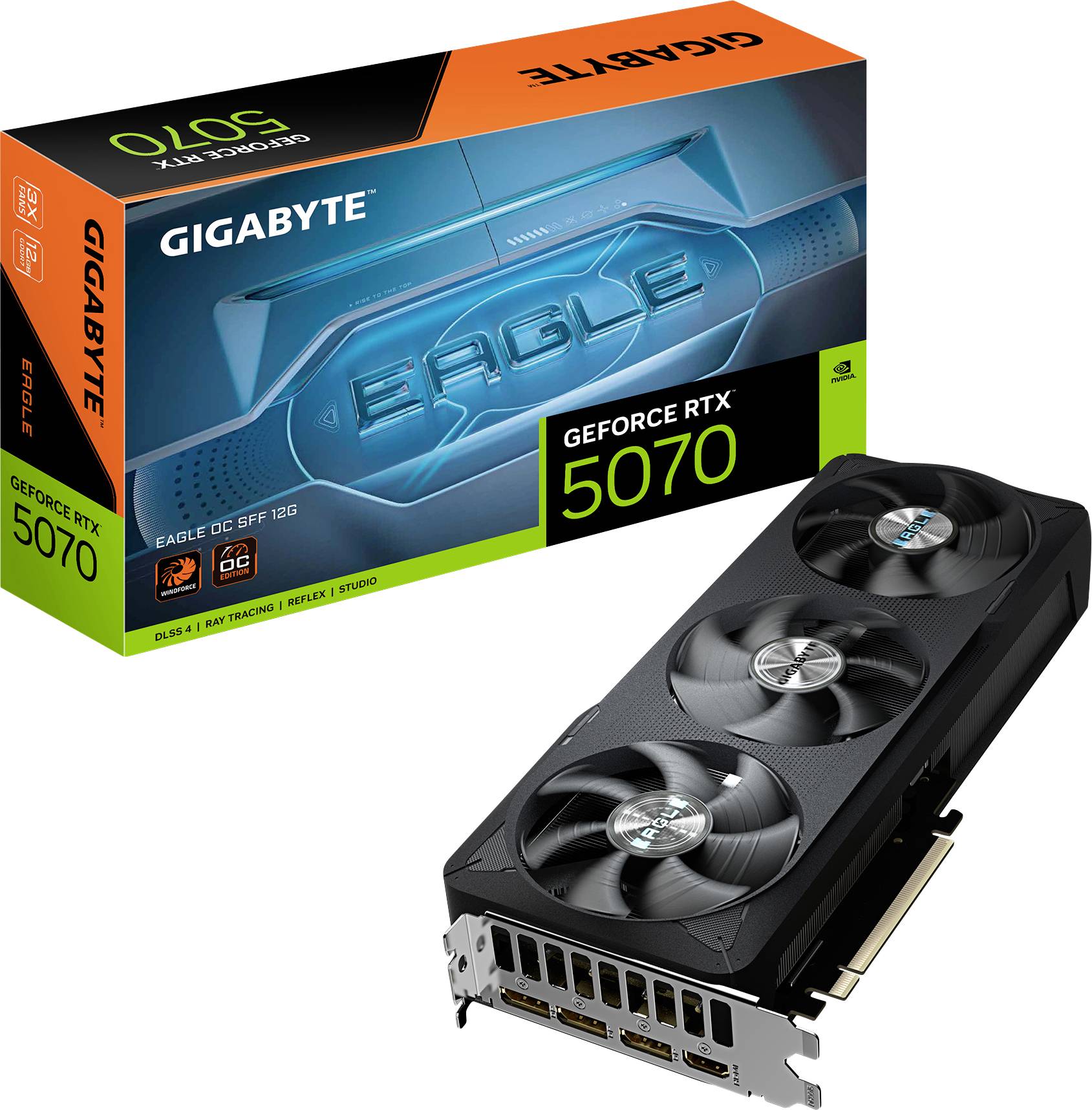 Eine 'Gigabyte GeForce RTX 5070' Grafikkarte mit drei Lüftern, dargestellt neben ihrer Verpackung.