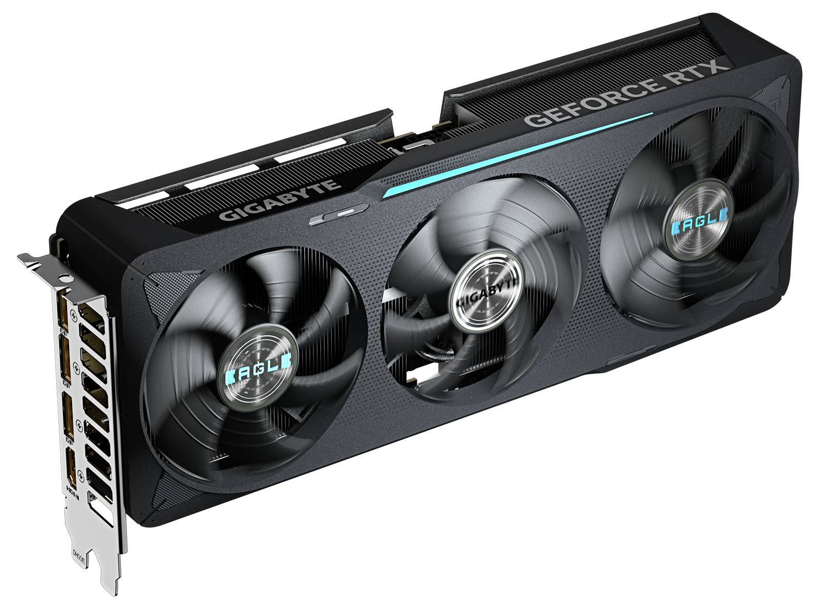 Dreifach-lüfter Grafikkarte von Gigabyte mit der Aufschrift 'GeForce RTX', Anschlussports auf der linken Seite.