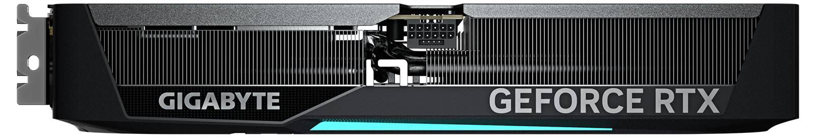 Grafikkarte von Gigabyte mit Aufschrift 'Geforce RTX', Seitenansicht des Kühlers und der Anschlüsse.