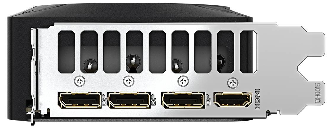 Grafikkarte-Rückseite mit vier HDMI-Anschlüssen und Lüfterschlitzen, geeignet für mehrere Bildschirmverbindungen.