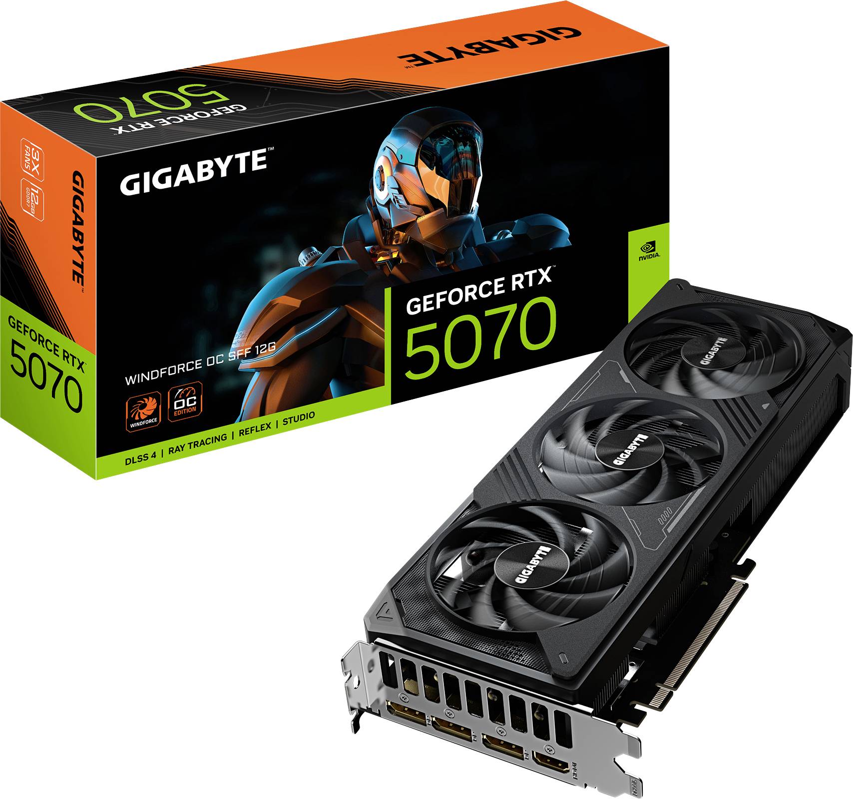 Grafikkarte GIGABYTE GeForce RTX 5070 mit drei Lüftern. Verpackung zeigt futuristisches Design. Geeignet für Gaming und Grafikverarbeitung.