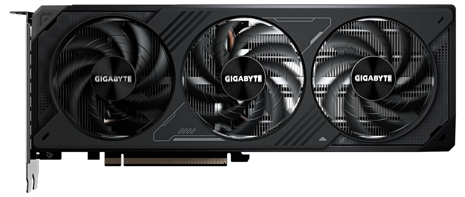 Schwarze Grafikkarte mit drei Lüftern und dem Markennamen 'GIGABYTE' auf jedem Lüfter.
