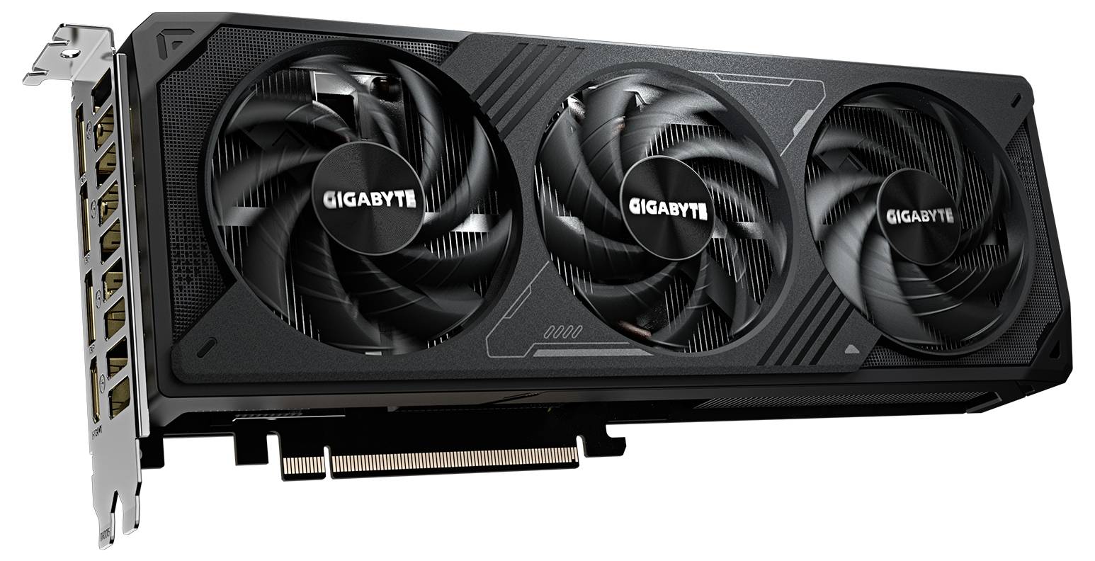 Eine schwarze Grafikkarte mit drei großen Lüftern und dem Markennamen 'GIGABYTE' auf jedem Lüfter.
