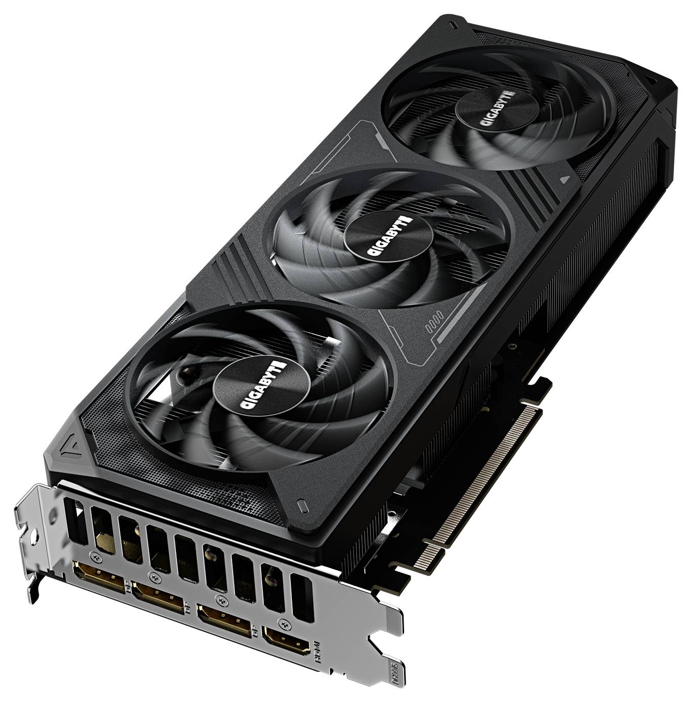 Eine schwarze Grafikkarte von Gigabyte mit drei Kühlventilatoren und mehreren Anschlüssen, die für leistungsstarke Computer geeignet ist.