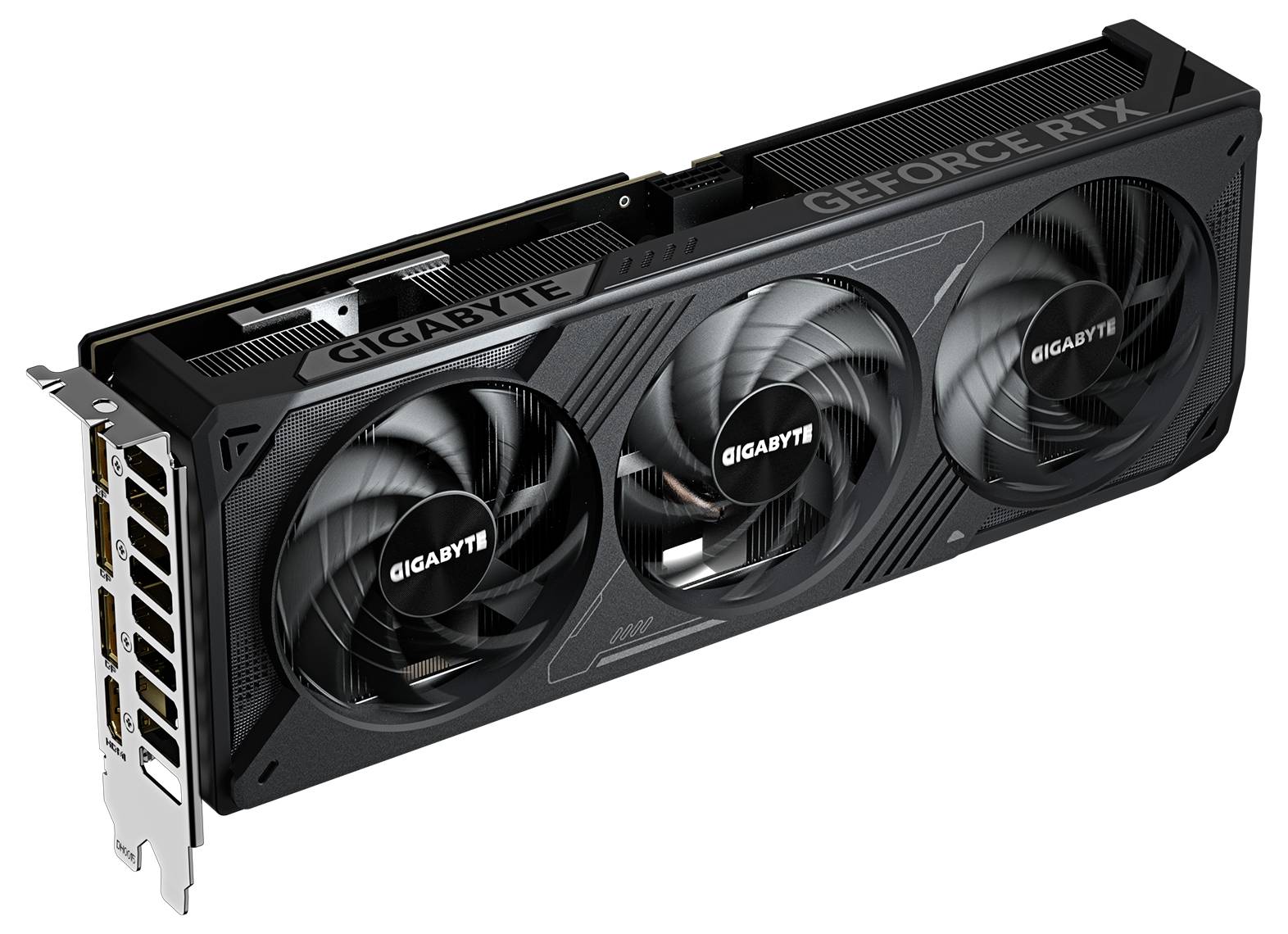 Schwarze Gigabyte GeForce RTX Grafikkarte mit drei Lüftern und mehreren Anschlussmöglichkeiten.