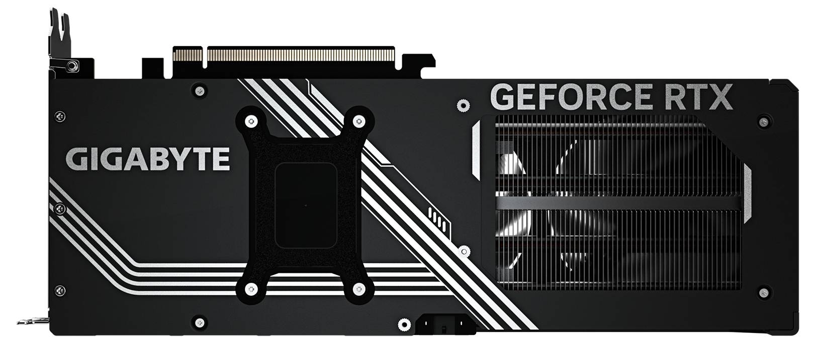 Grafikkarte von Gigabyte mit schwarzem Gehäuse und weißem Streifenmuster, Modell 'GEFORCE RTX' sichtbar.