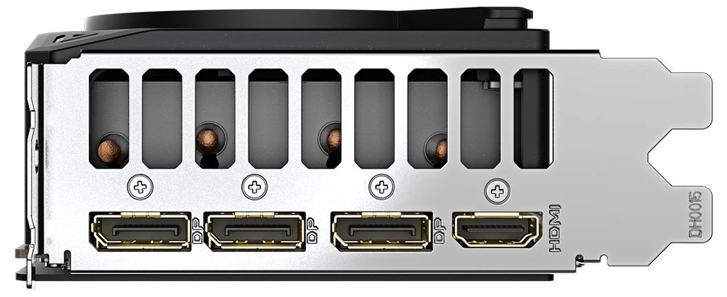 Rückansicht einer Grafikkarte mit fünf Videoanschlüssen: drei DisplayPort-Anschlüsse und zwei HDMI-Anschlüsse.