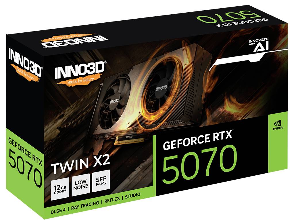 Verpackung einer INNO3D GeForce RTX 5070 Grafikkarte, zeigt zwei Lüfterdesign, Schlagworte wie DLSS 4 und Ray Tracing werden hervorgehoben.