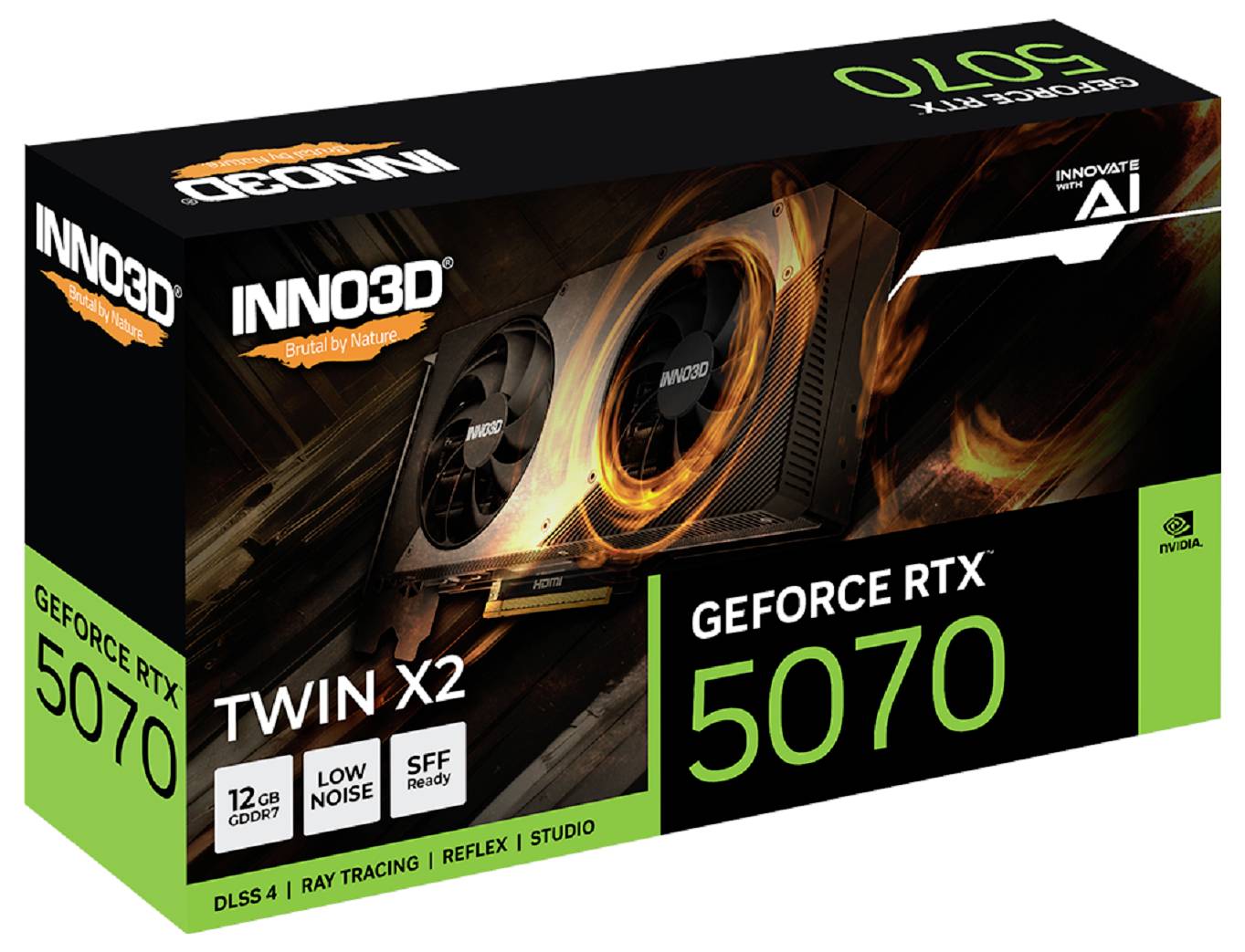 Verpackung der 'INNO3D GeForce RTX 5070 Twin X2', zeigt Grafikkartenmodell, stilisiertes Bild mit technischen Details wie 12GB GDDR6, DLSS 4 und Ray Tracing.