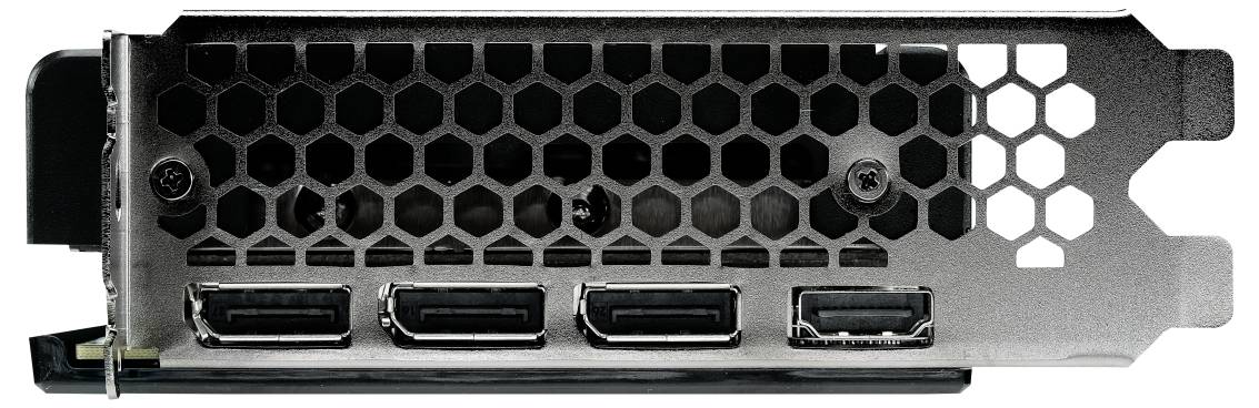 Rückseite einer Grafikkarte mit drei DisplayPort-Anschlüssen und einem HDMI-Anschluss. Sechseckiges Lüftungsgitter zur Wärmeabfuhr.
