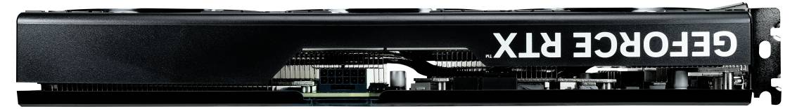 Grafikkarte, seitliche Ansicht, mit dem Aufdruck 'GEFORCE RTX' auf einer schwarzen Abdeckung.