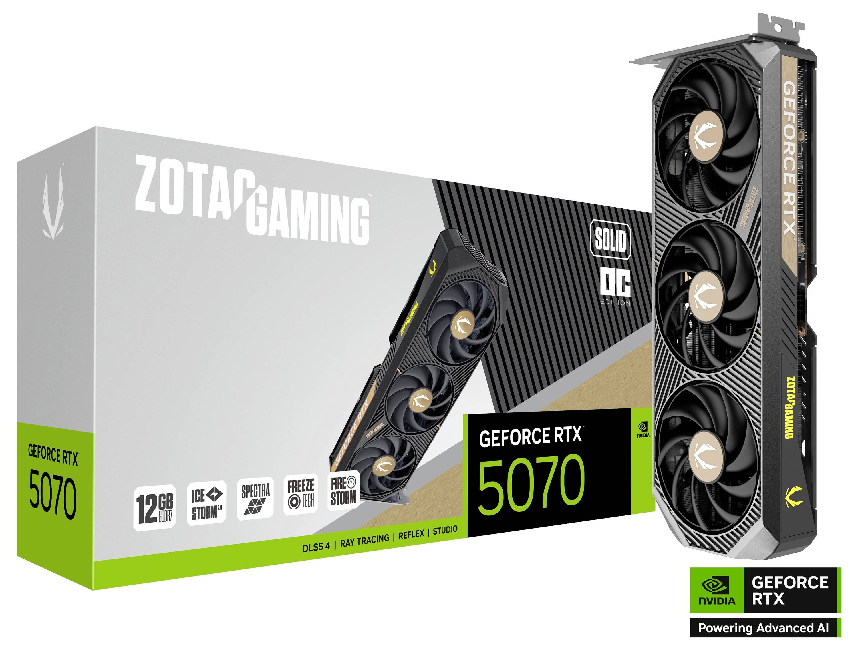 Verpackung und Grafikkarte der Zotac Gaming GeForce RTX 5070 mit 12GB, DLSS 4, Ray Tracing, Freezo Strom und Ice Storm-Kühlung.