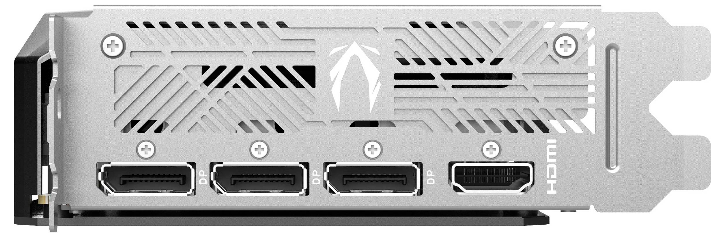 Vier HDMI-Anschlüsse und ein PCIe-Anschluss an der Rückseite einer Grafikkarte. Lüftungsgitter mit Pfeilmuster oberhalb der Anschlüsse.