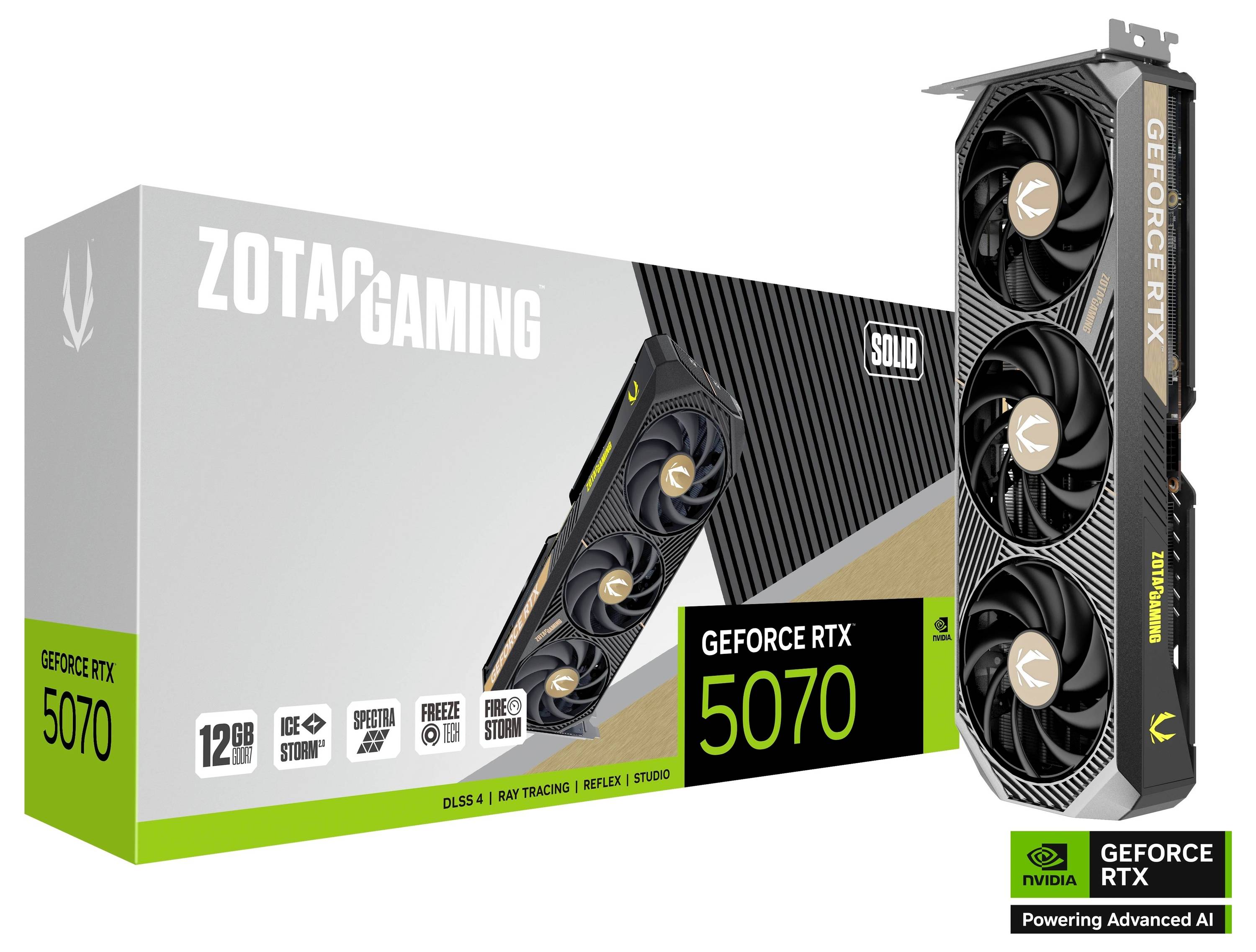 Grafikkartenverpackung mit der Bezeichnung 'Zotac Gaming GeForce RTX 5070', 12GB. Bild der Karte mit drei Lüftern und Produktlogos auf der Schachtel.