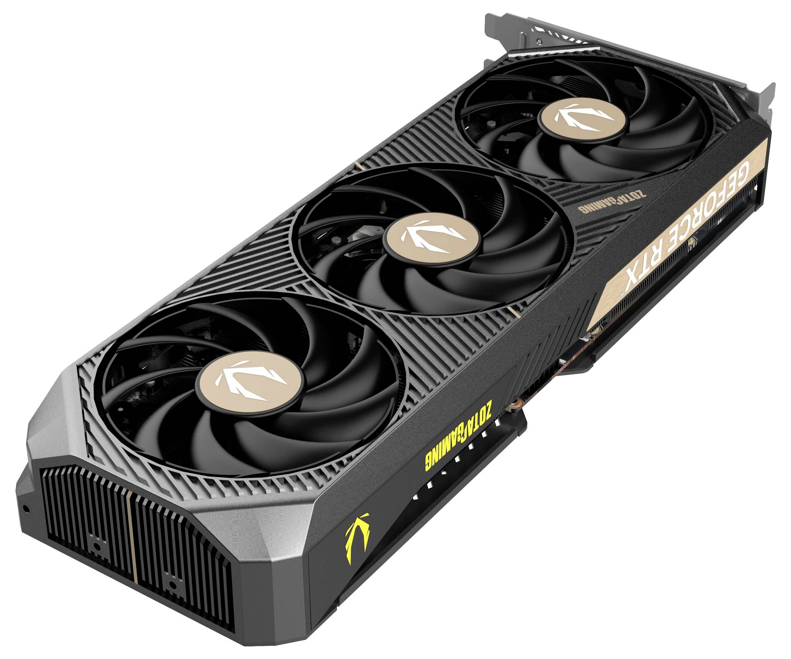 Grafikkarte mit drei großen Lüftern, schwarzem Gehäuse und seitlichem Schriftzug 'GeForce RTX'. Entworfen für leistungsstarkes Gaming und Grafikverarbeitung.
