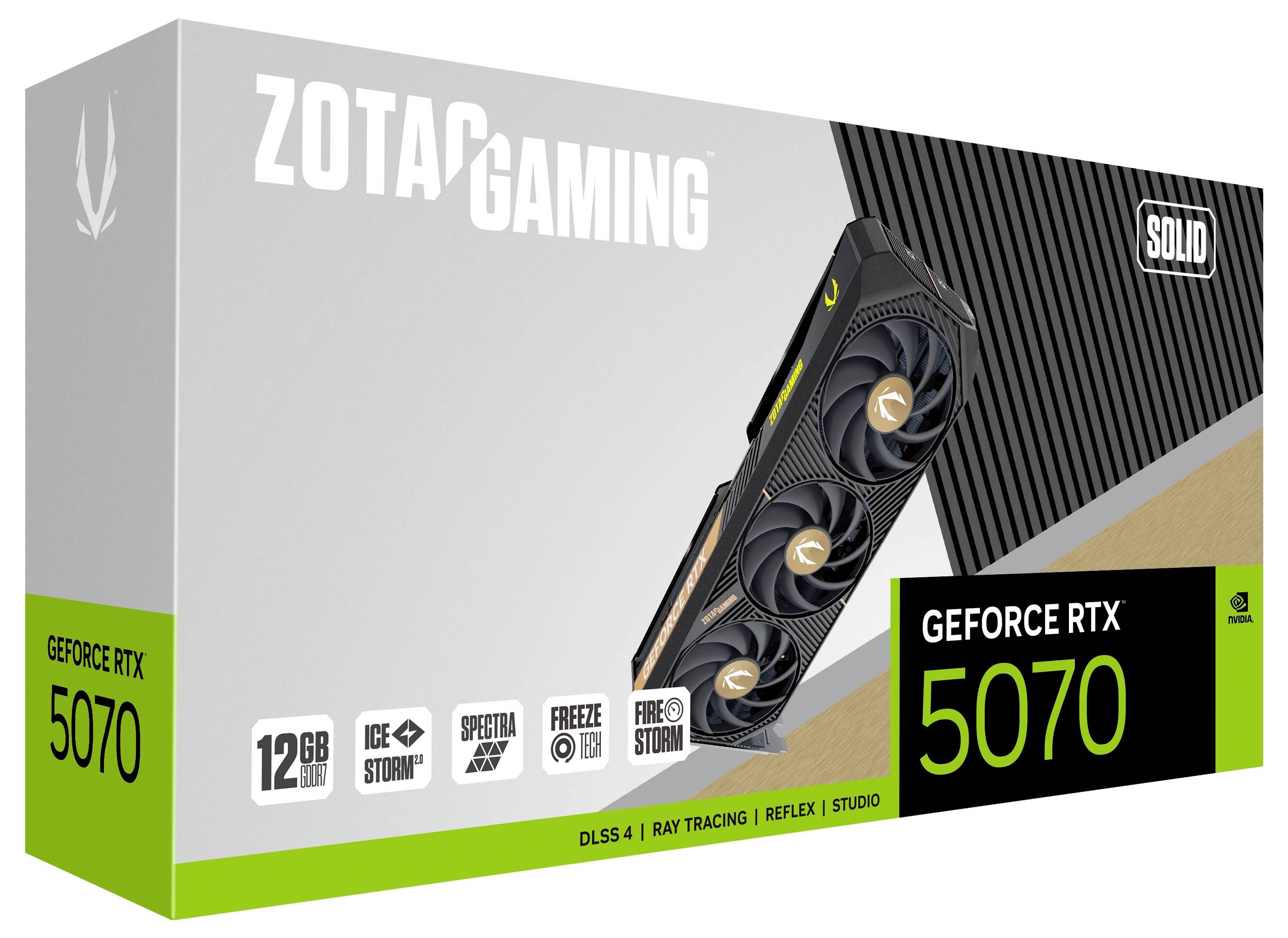 Eine Verpackung für die Grafikkarte ZOTAC GAMING GeForce RTX 5070, 12 GB GDDR6X, mit Abbildungen und Spezifikationen auf der Vorderseite.