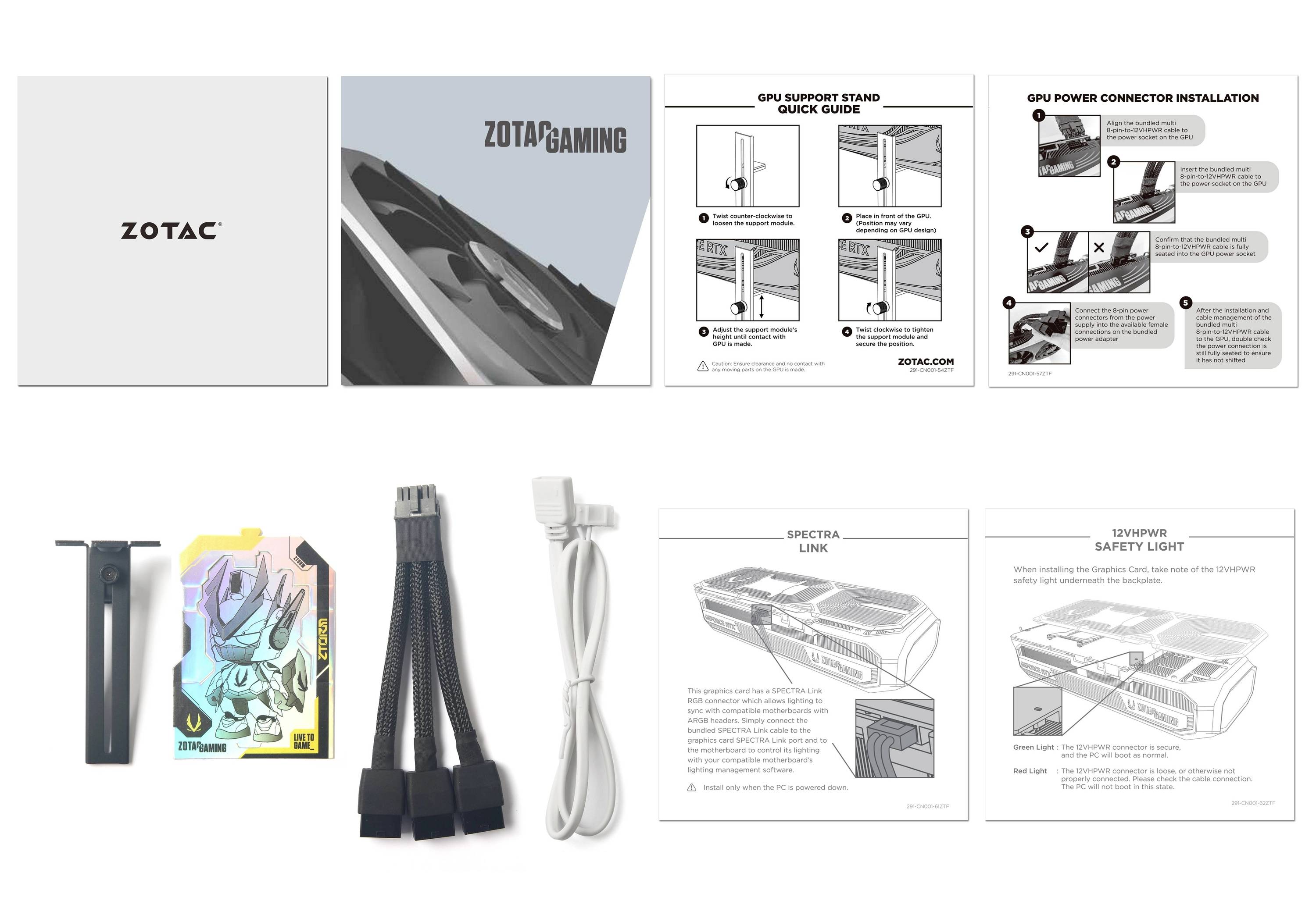 Verpackung für ZOTAC Grafikkarte mit Anleitung, Kabeln und Zubehör. Zeigt Montageanleitung und wichtigen Sicherheitshinweis.