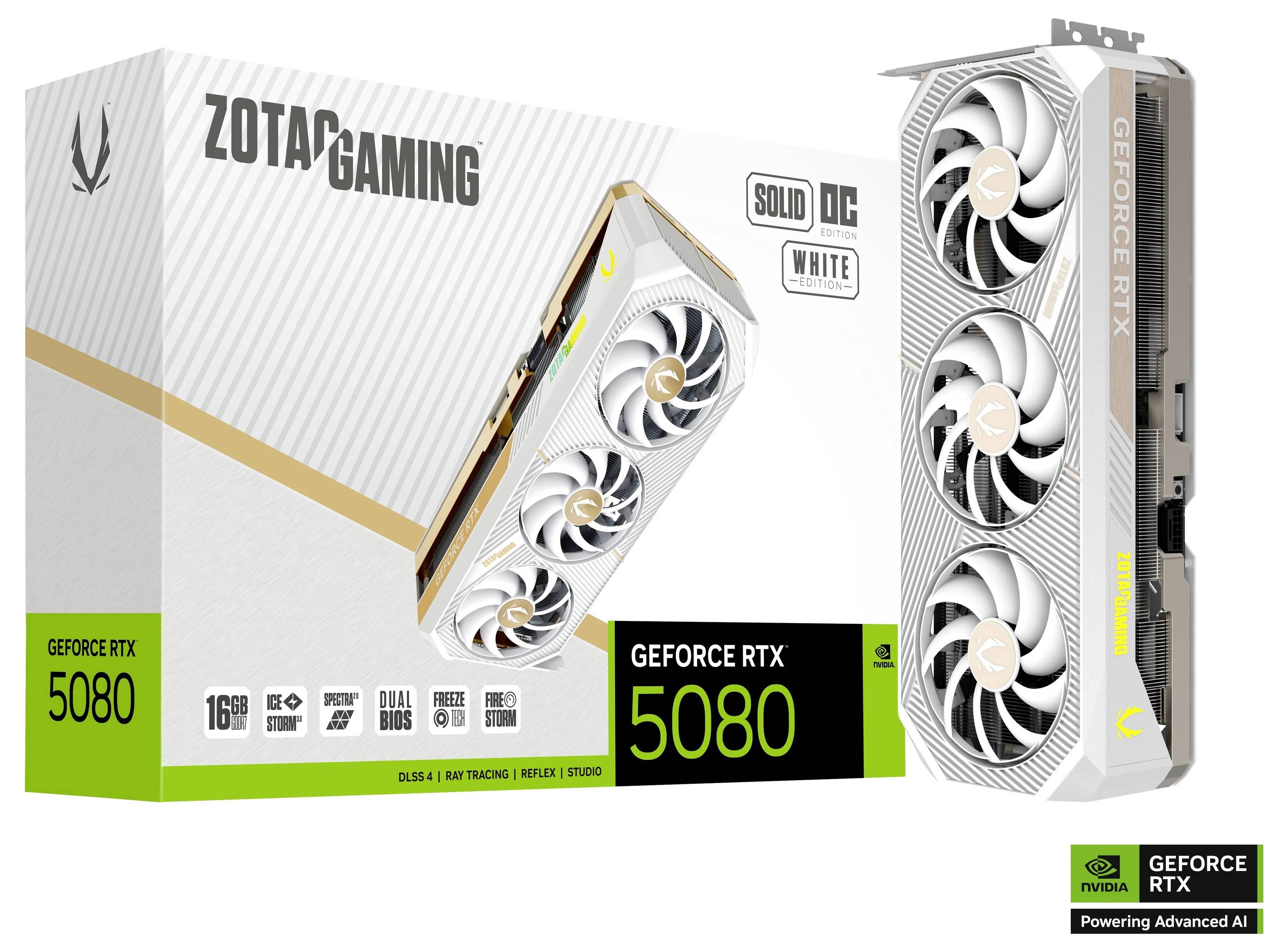ZOTAC Gaming GeForce RTX 5080 Grafikkarte in Weiß mit drei Lüftern, PCIe-Anschlüssen und 16 GB GDDR6X. Verpackung zeigt gleiche Grafikkarte.