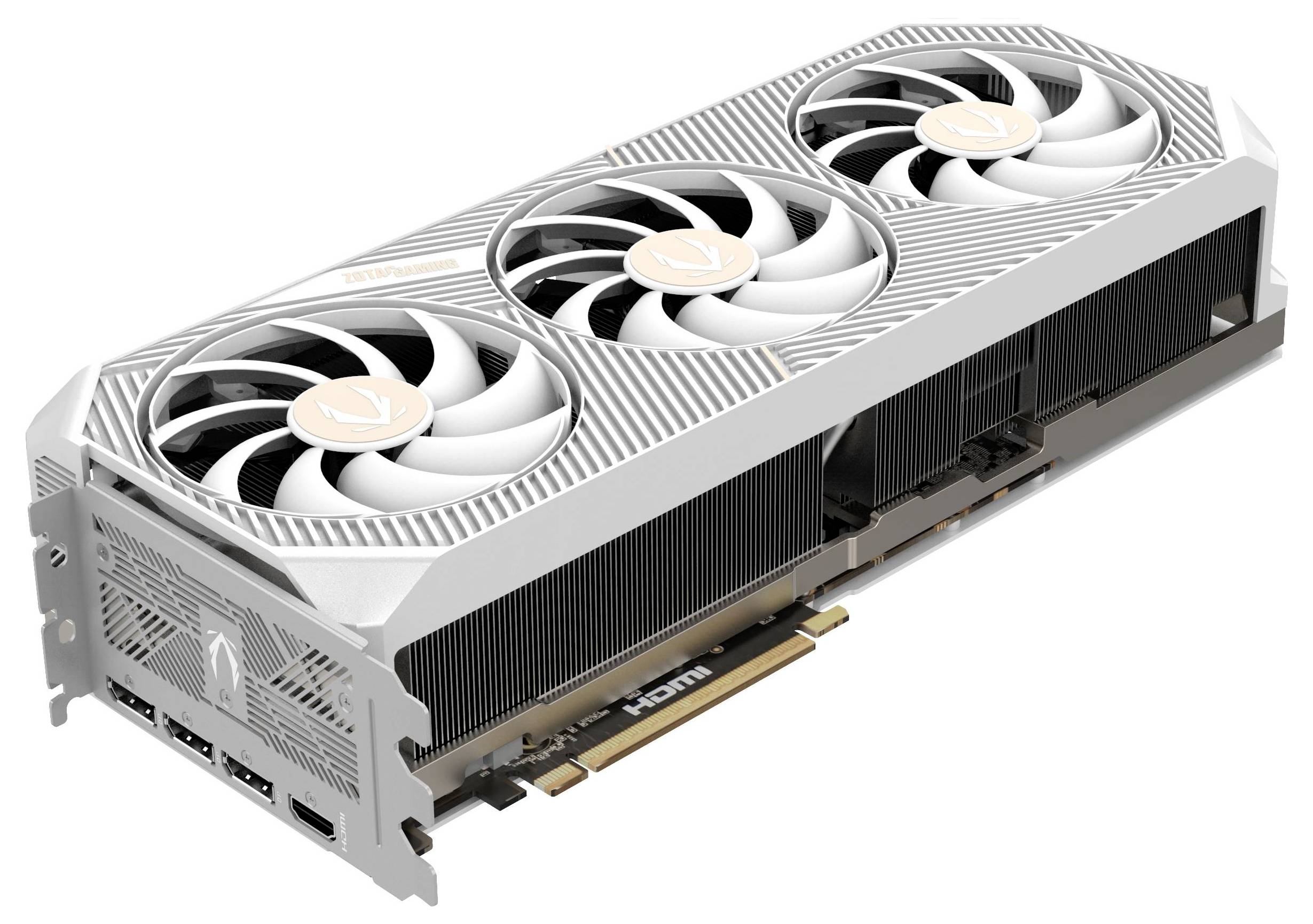 Grafikkarte mit drei Lüftern und HDMI-Anschluss. Sie ist weiß mit einem silbernen Muster und hat drei große Lüfter zur Kühlung.