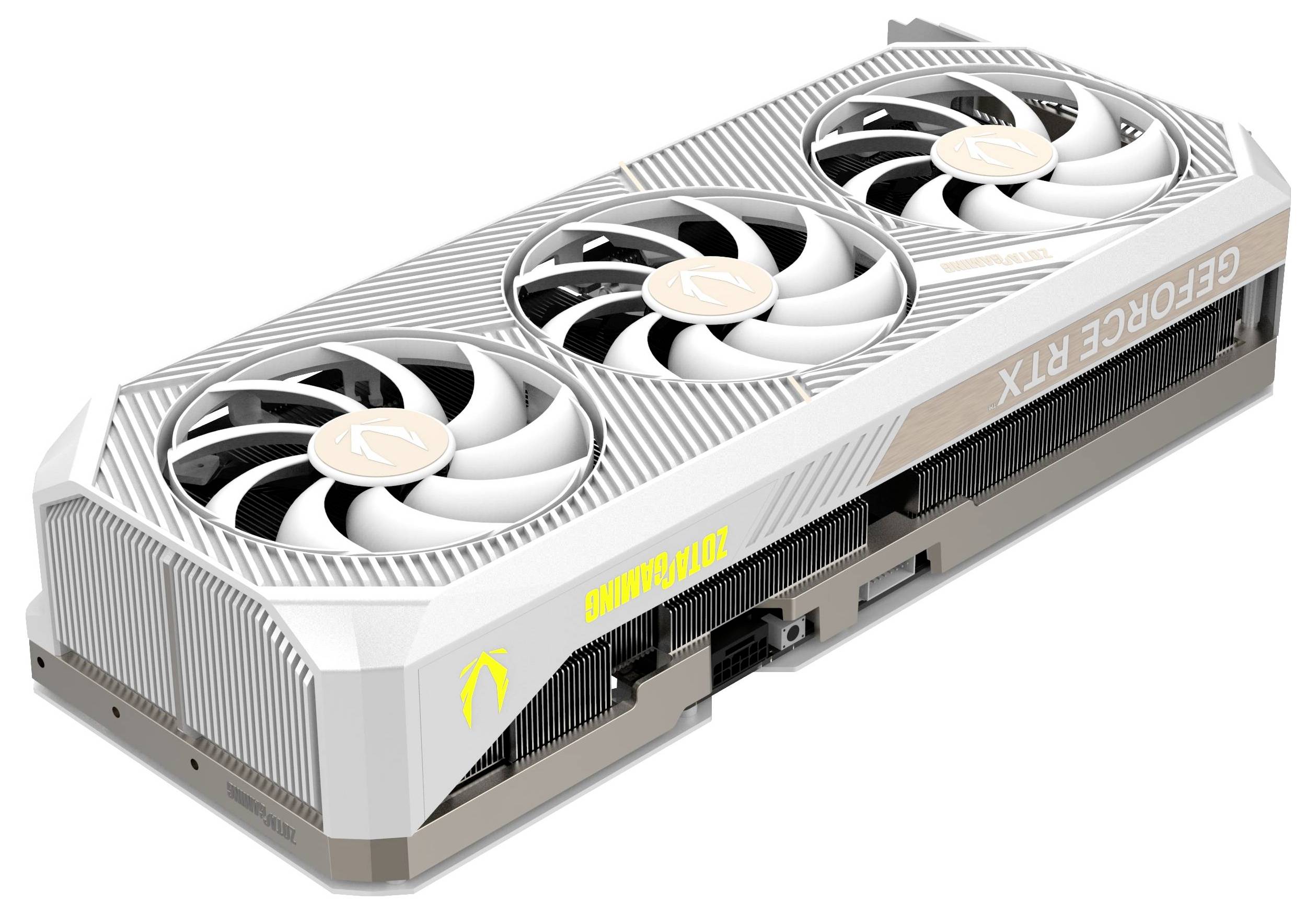 Eine weiße Grafikkarte mit drei Lüftern. Auf der Seite steht 'GeForce RTX'.